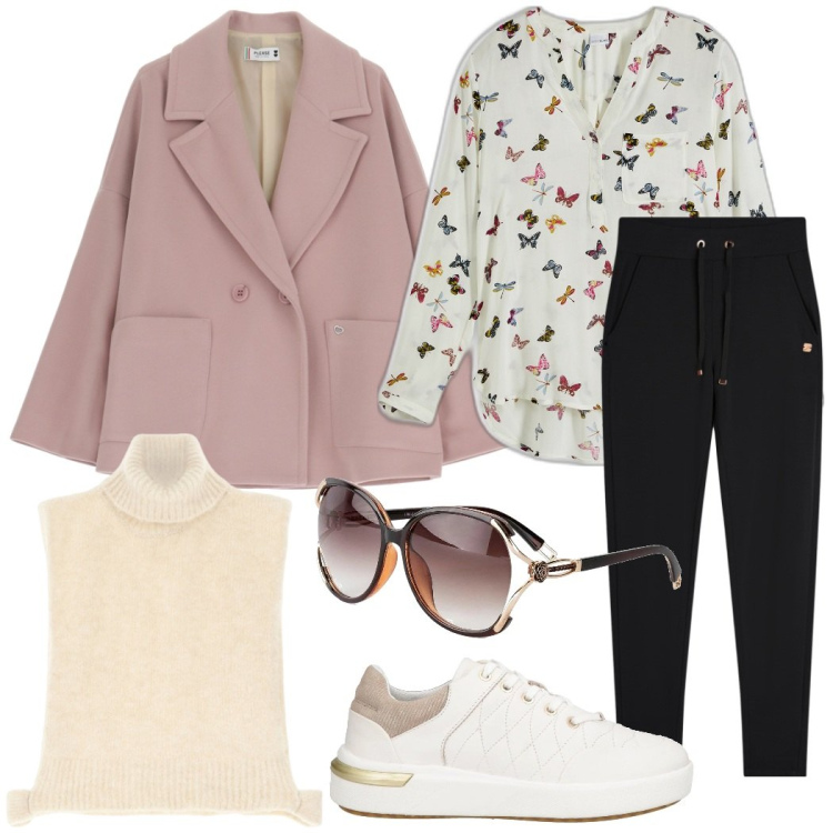 Outfit donna - Una blusa e un gilet per il giorno. Stile Casual chic per Tutti i giorni. Abbinamento con occhiali da sole, bluse, sneakers, blazer, gilet, pantaloni.