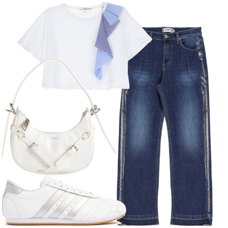Outfit donna - City. Stile Casual per Tutti i giorni. Abbinamento con borse a mano, t-shirt, jeans dritti, sneakers.
