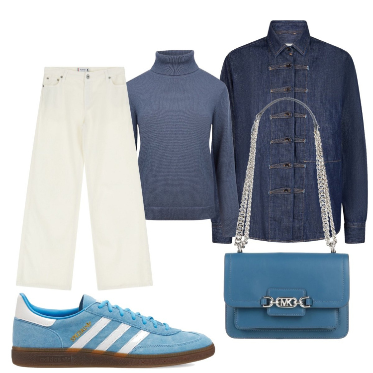 Outfit donna - La giacca in denim con gli alamari. Stile Sporty chic per Tutti i giorni. Abbinamento con borse a spalla, pantaloni, maglieria, camicie, sneakers.