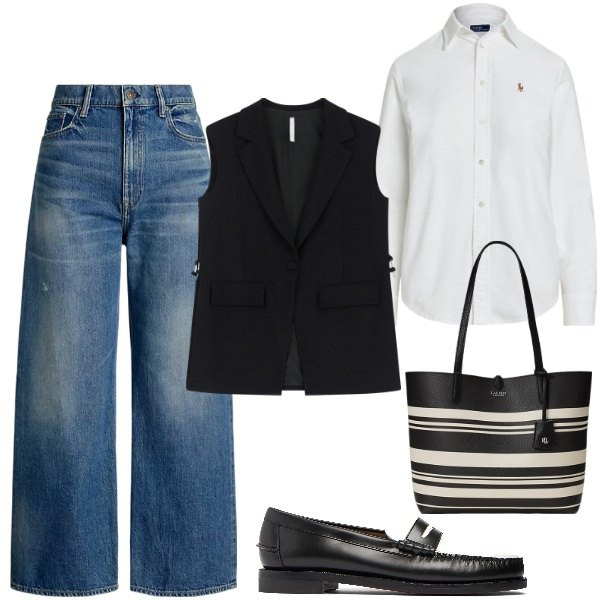 Outfit donna - Attuale. Stile Minimal per Ufficio. Abbinamento con gilet, jeans, camicie, borse tote, mocassini.