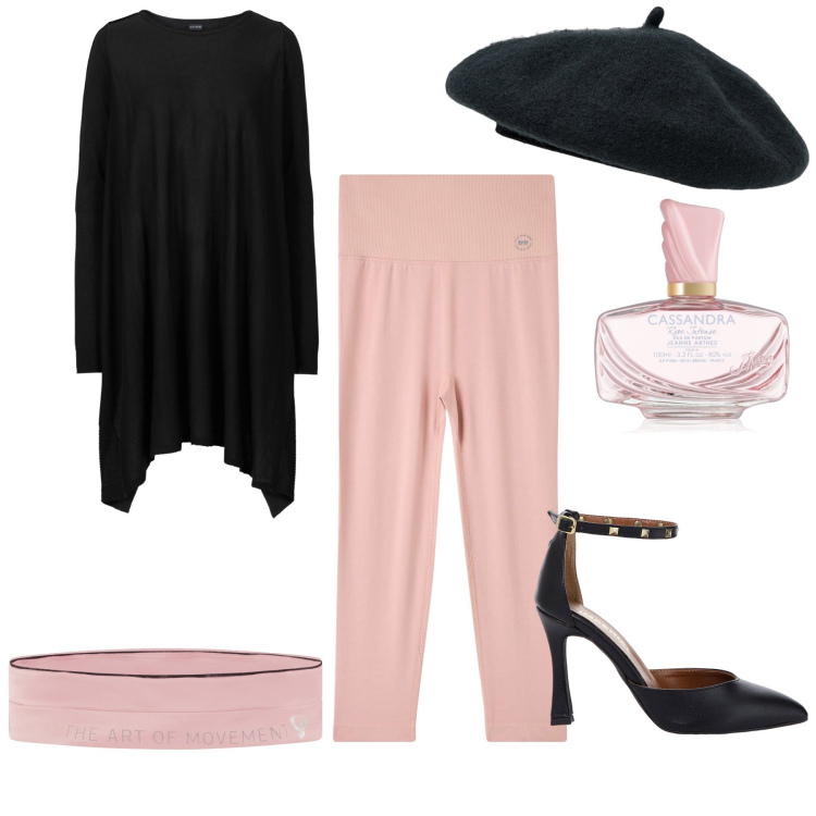 Outfit donna - French style. Stile Glamour per Serata fuori. Abbinamento con maglieria, profumi, leggings, décolleté, marsupi, cappelli e berretti.