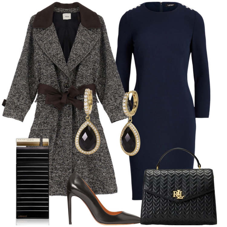 Outfit donna - Pranzo in ristorante chic. Stile Chic per Tutti i giorni. Abbinamento con profumi, cappotti, orecchini, décolleté, vestiti, borse a mano.