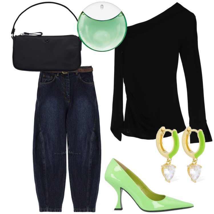 Outfit donna - Aperitivo green. Stile Trendy per Serata fuori. Abbinamento con décolleté, profumi, maglieria, jeans, pochette, orecchini.