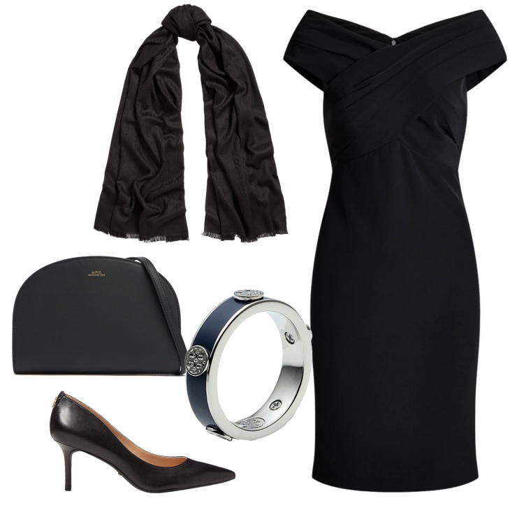 Outfit donna - Dress code LBD. Stile Chic per Serata fuori. Abbinamento con anelli, vestiti, décolleté, sciarpe, clutch.