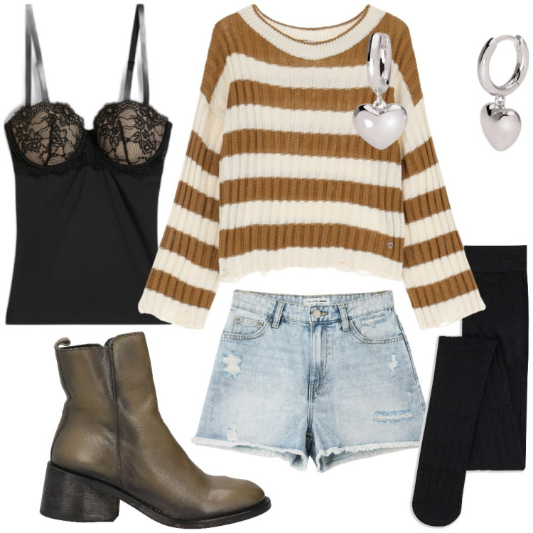 Outfit donna - Outfit casual. Stile Casual per Tutti i giorni. Abbinamento con canottiere, collant, stivaletti, shorts, orecchini, maglieria.