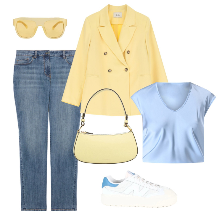 Outfit donna - Giallo e azzurro pastello. Stile Casual chic per Tutti i giorni. Abbinamento con sneakers, borse a mano, occhiali da sole, bluse, blazer, jeans skinny.