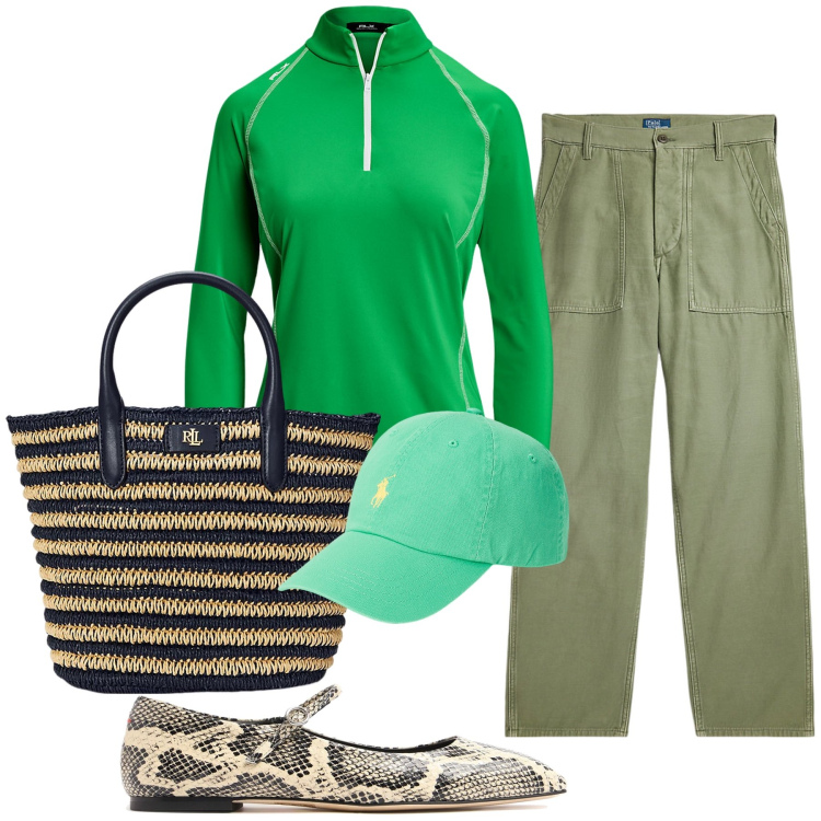 Outfit donna - Verde speranza di primavera. Stile Sporty chic per Tutti i giorni. Abbinamento con cappelli, pantaloni, borse tote, pullovers, ballerine.