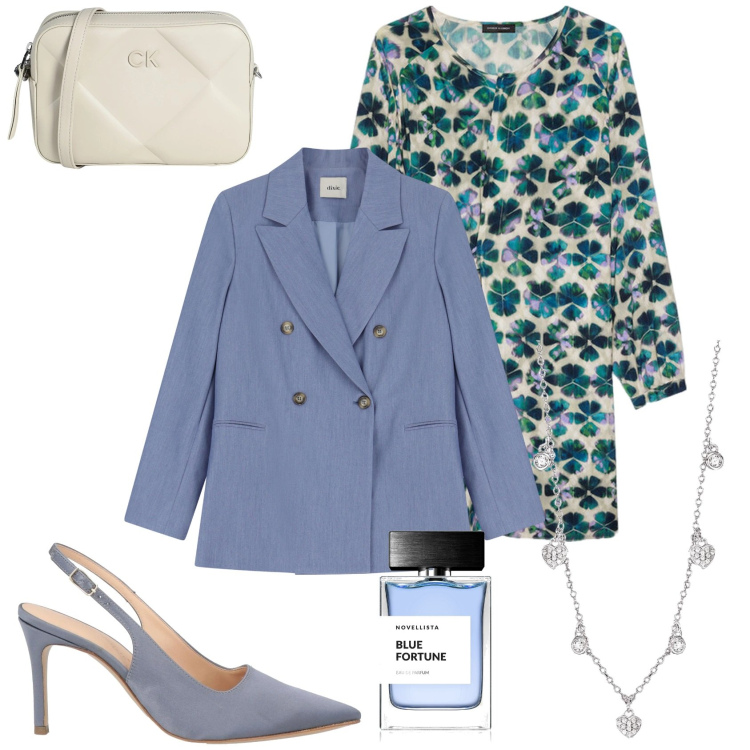 Outfit donna - Indaco. Stile Chic per Ufficio. Abbinamento con décolleté, borse a tracolla, profumi, collane, blazer, vestiti corti.