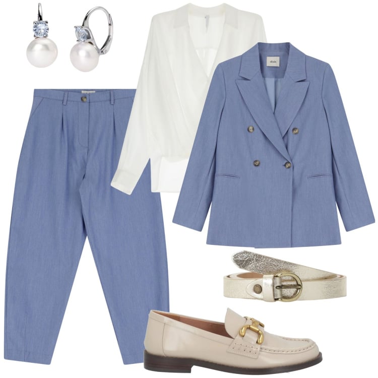 Outfit donna - Il tailleur pantalone. Stile Casual chic per Tutti i giorni. Abbinamento con mocassini, orecchini, bluse, pantaloni, blazer, cinture.