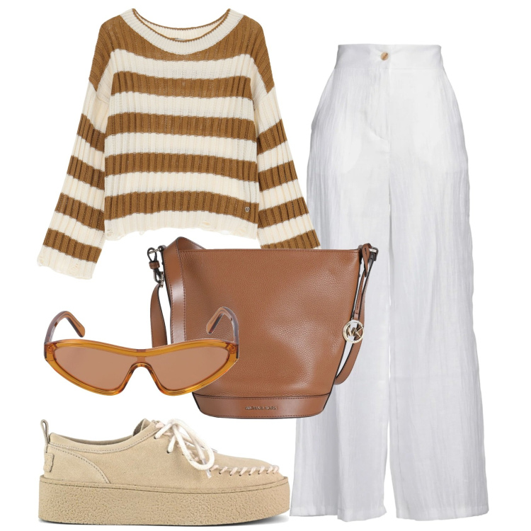 Outfit donna - Weekend. Stile Casual chic per Tutti i giorni. Abbinamento con borse a spalla, pantaloni, maglieria, mocassini, occhiali da sole.