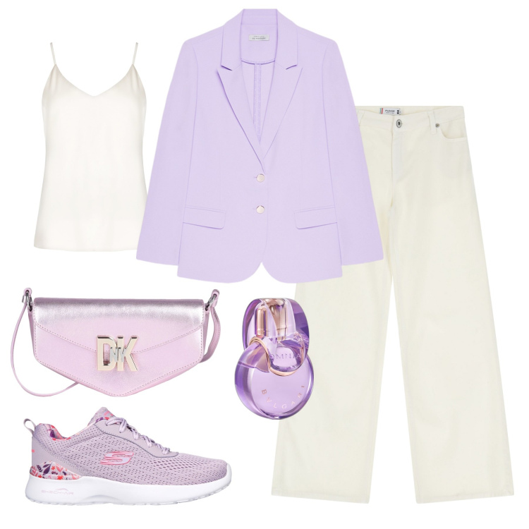 Outfit donna - Ed è subito primavera. Stile Casual chic per Tutti i giorni. Abbinamento con borse a tracolla, profumi, top, pantaloni, blazer, sneakers.
