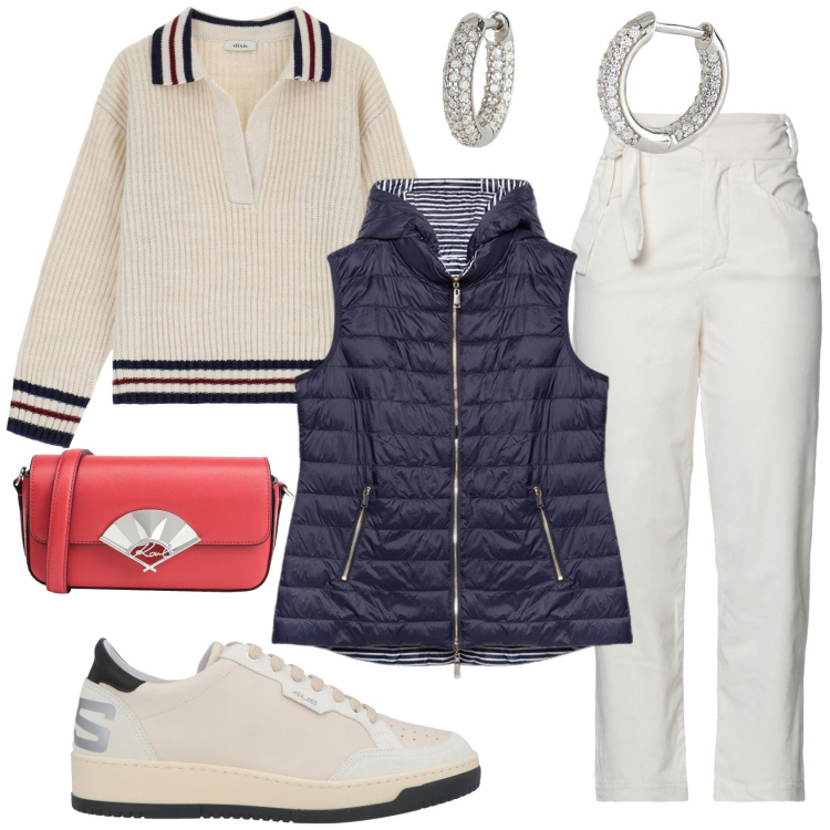 Outfit donna - Weekend. Stile Casual per Tutti i giorni. Abbinamento con sneakers, borse a tracolla, pantaloni, orecchini, pullovers, piumini.