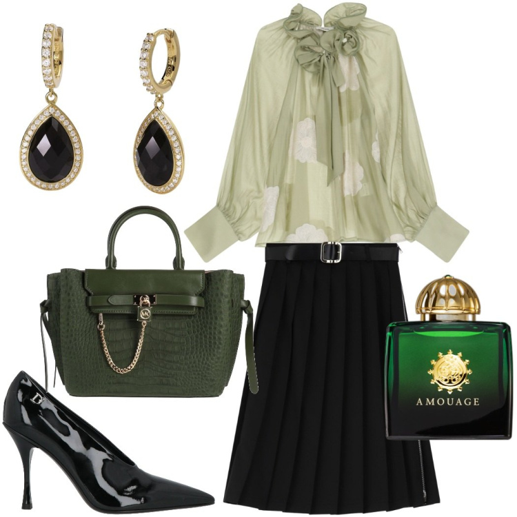 Outfit donna - Serata chic. Stile Glamour per Serata fuori. Abbinamento con borse a mano, décolleté, profumi, orecchini, gonne longuette, bluse.