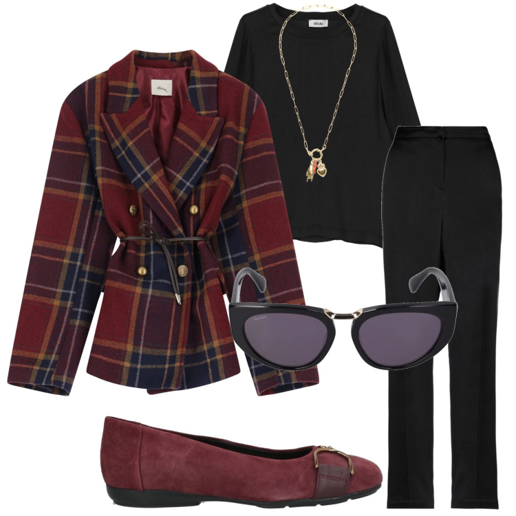 Outfit donna - In ufficio. Stile Glamour per Ufficio. Abbinamento con pantaloni, ballerine, ciondoli, blazer, maglieria, occhiali da sole.