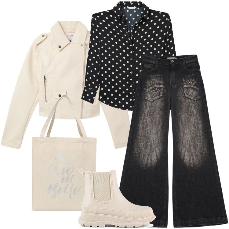 Outfit donna - La camicia a pois. Stile Preppy per Tutti i giorni. Abbinamento con giacche, borse tote, camicie, jeans a zampa, stivali.