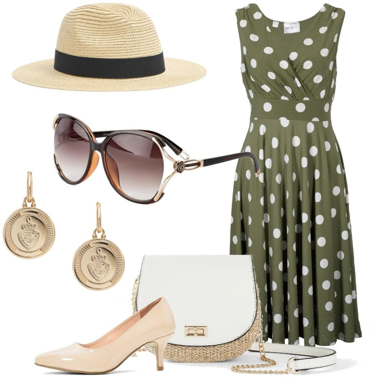 Outfit donna - Pretty woman. Stile Bon Ton per Tutti i giorni. Abbinamento con borse a tracolla, vestiti, occhiali da sole, décolleté, cappelli, orecchini.