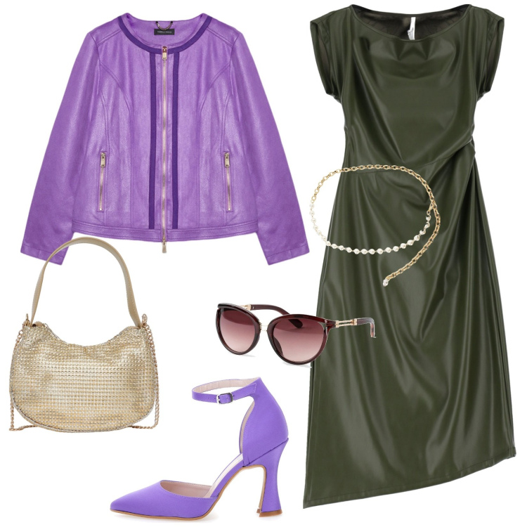 Outfit donna - Total look #2066858. Stile Casual chic per Serata fuori. Abbinamento con occhiali da sole, borse a spalla, vestiti midi/longuette, collane, décolleté, blazer.
