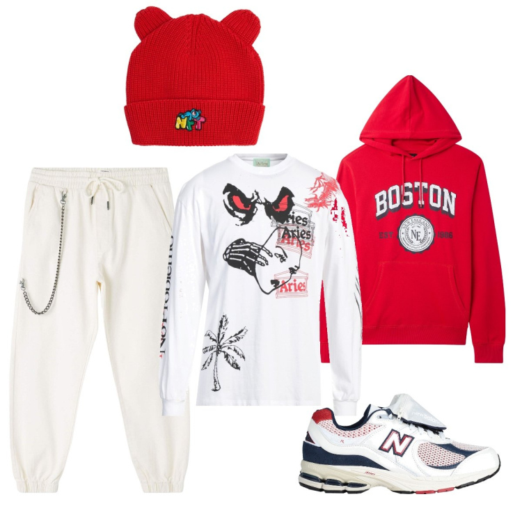 Outfit uomo - Nel parco. Stile Casual per Sport. Abbinamento con t-shirt, sneakers, pantaloni sportivi, felpe con cappuccio, cappelli.
