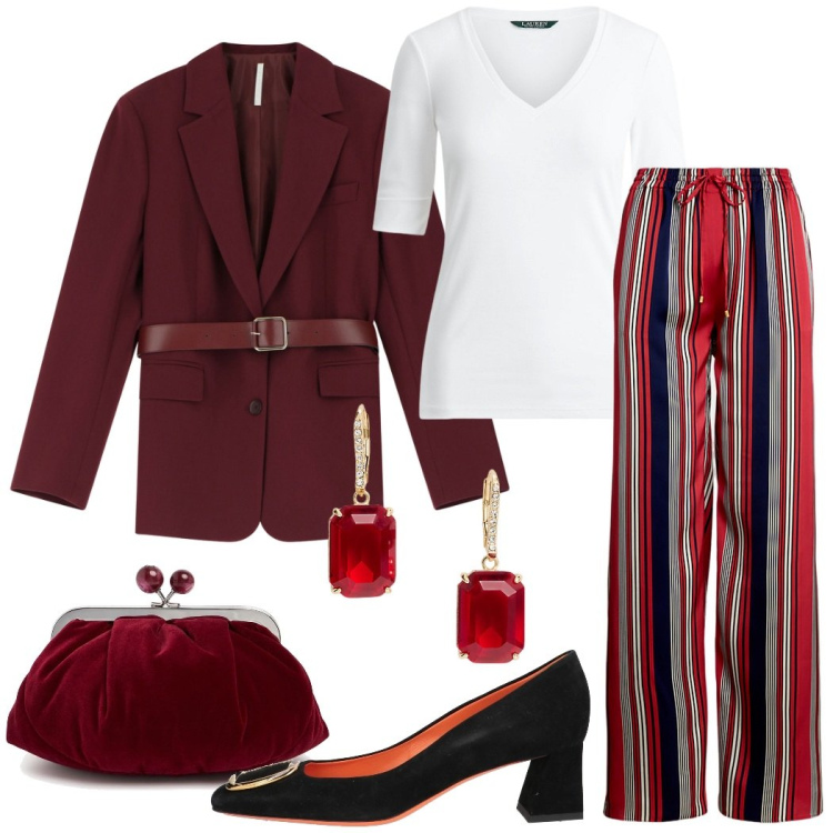 Outfit donna - Bordeaux da sera. Stile Glamour per Serata fuori. Abbinamento con décolleté, blazer, t-shirt, orecchini, pantaloni, pochette.