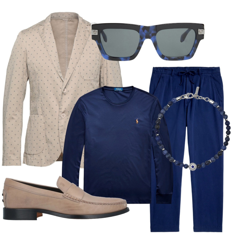 Outfit uomo - Voglia di primavera. Stile Trendy per Ufficio. Abbinamento con scarpe stringate, giacche, occhiali da sole, braccialetti, t-shirt, pantaloni.