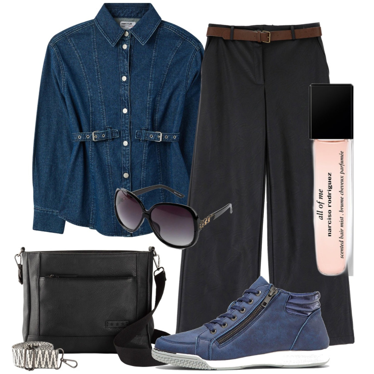 Outfit donna - Total look #2066880. per Ufficio. Abbinamento con sneakers alte, occhiali da sole, borse a tracolla, profumi, camicie, pantaloni.