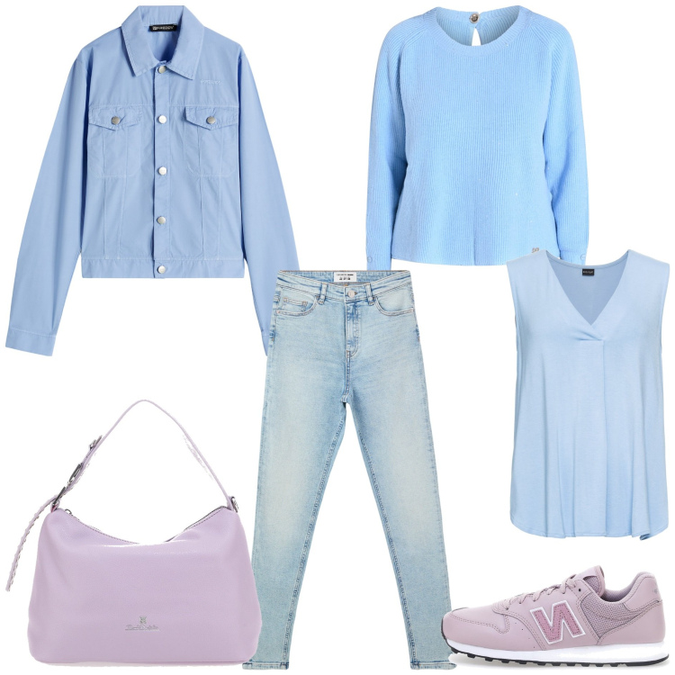 Outfit donna - Tonalità pastello. Stile Casual per Tutti i giorni. Abbinamento con top, jeans skinny, maglieria, blazer, sneakers, borse a tracolla.