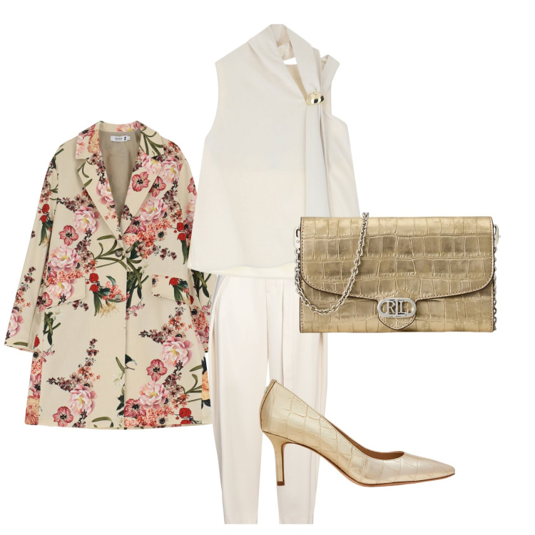 Outfit donna - Un tocco fiorato. Stile Casual chic per Ufficio. Abbinamento con pantaloni, trench, top, borse a tracolla, décolleté.
