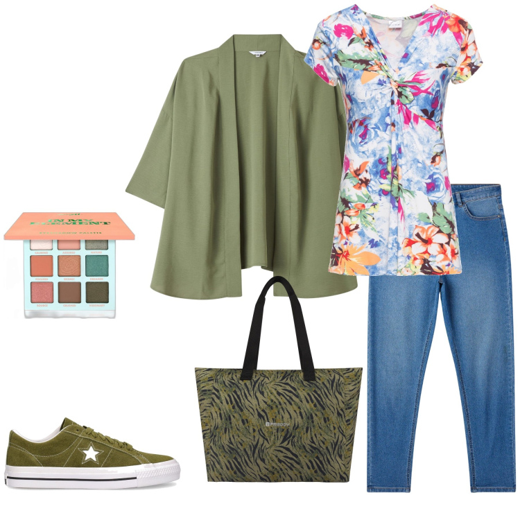 Outfit donna - Top fantasia. Stile Casual per Tutti i giorni. Abbinamento con maglieria, ombretti, kimono, jeans skinny, shopping bag, sneakers.
