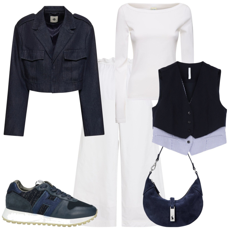 Outfit donna - Primavera sporty chic. Stile Sporty chic per Tutti i giorni. Abbinamento con pantaloni, sneakers, gilet, borse a spalla, blazer, t-shirt.