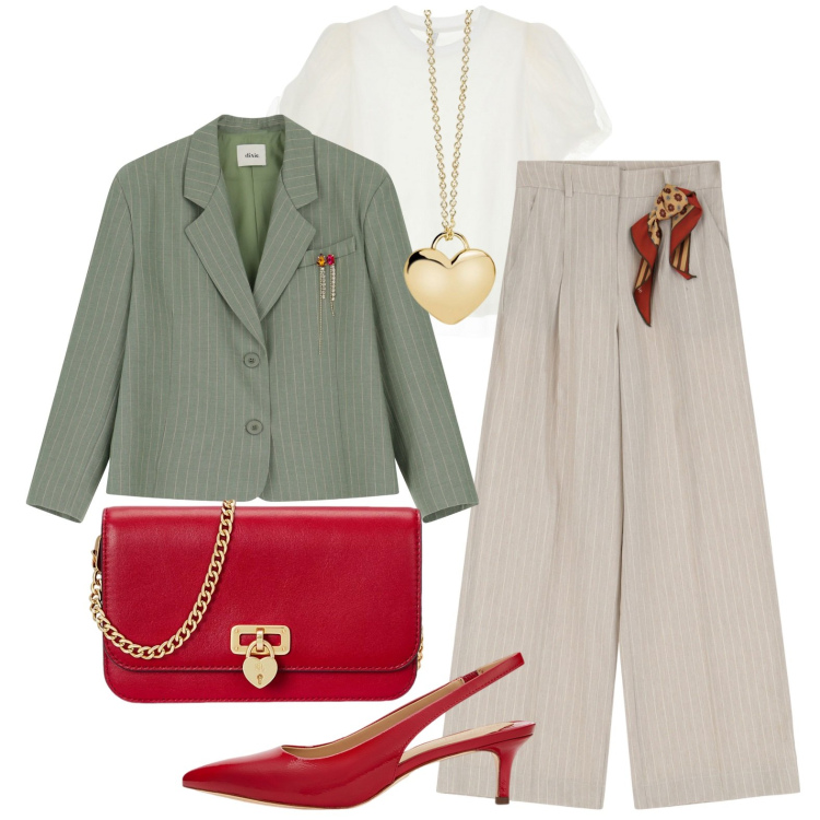 Outfit donna - Gladys. Stile Casual chic per Ufficio. Abbinamento con collane, t-shirt, blazer, pantaloni a palazzo, décolleté, portafogli.
