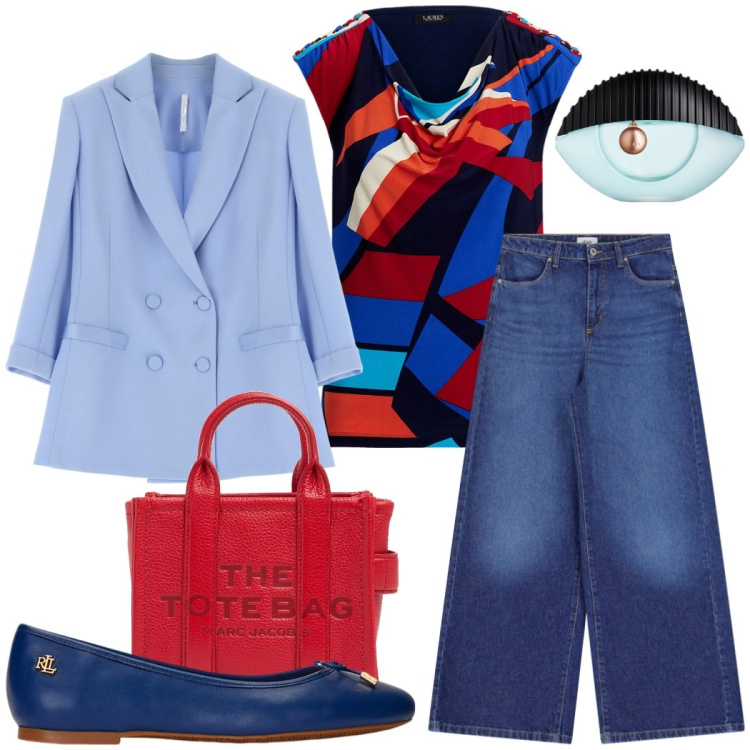 Outfit donna - A lavoro. Stile Chic per Ufficio. Abbinamento con profumi, blazer, jeans, ballerine, top, borse a tracolla.