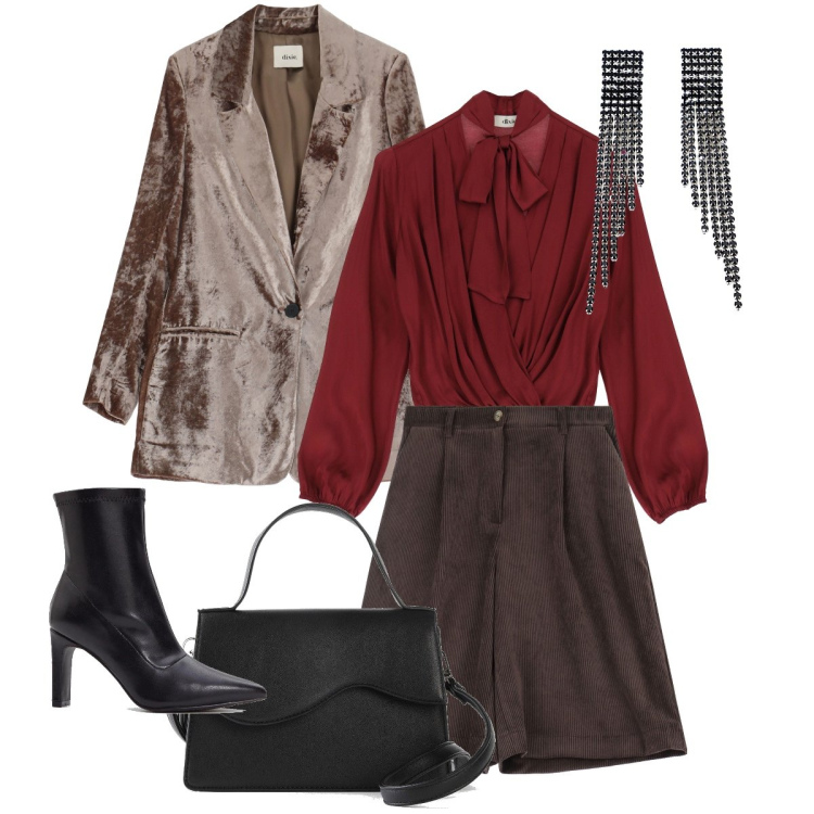 Outfit donna - Dettagli in velluto. Stile Vintage retrò per Serata fuori. Abbinamento con stivaletti, borse a tracolla, camicie, orecchini, blazer, bermuda.