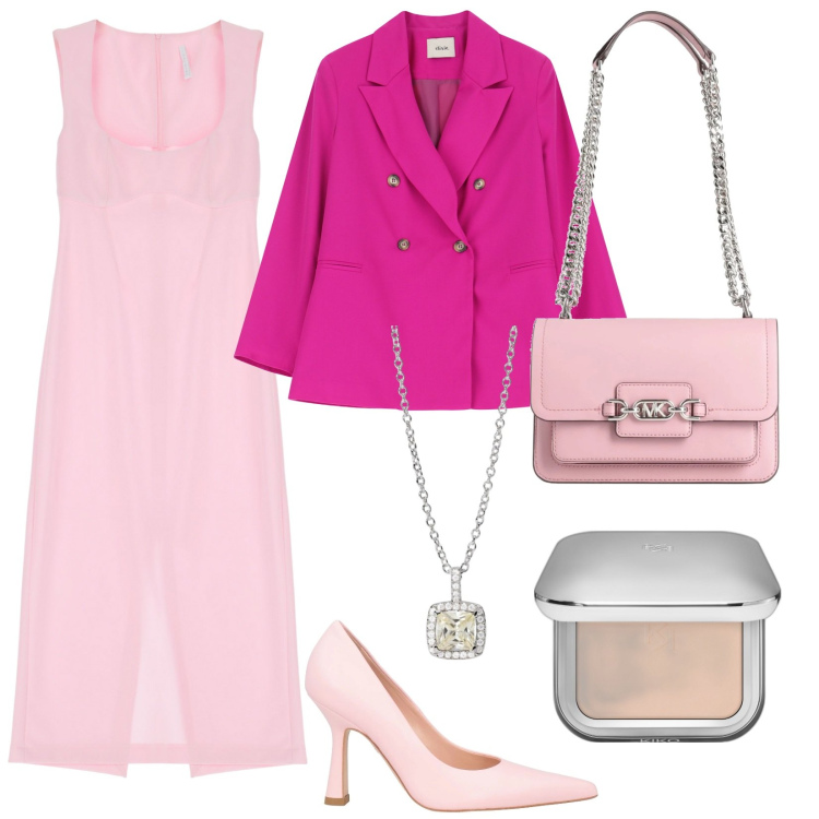 Outfit donna - Tonalità pastello. Stile Chic per Cerimonia. Abbinamento con décolleté, borse a spalla, fondotinta, collane, vestiti midi/longuette, blazer.