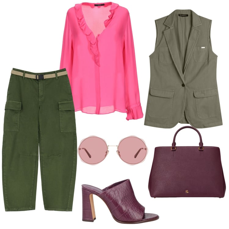 Outfit donna - Mix di colori. Stile Sporty chic per Tutti i giorni. Abbinamento con camicie, sandali in pelle, occhiali da sole, pantaloni chino, gilet, borse a mano.