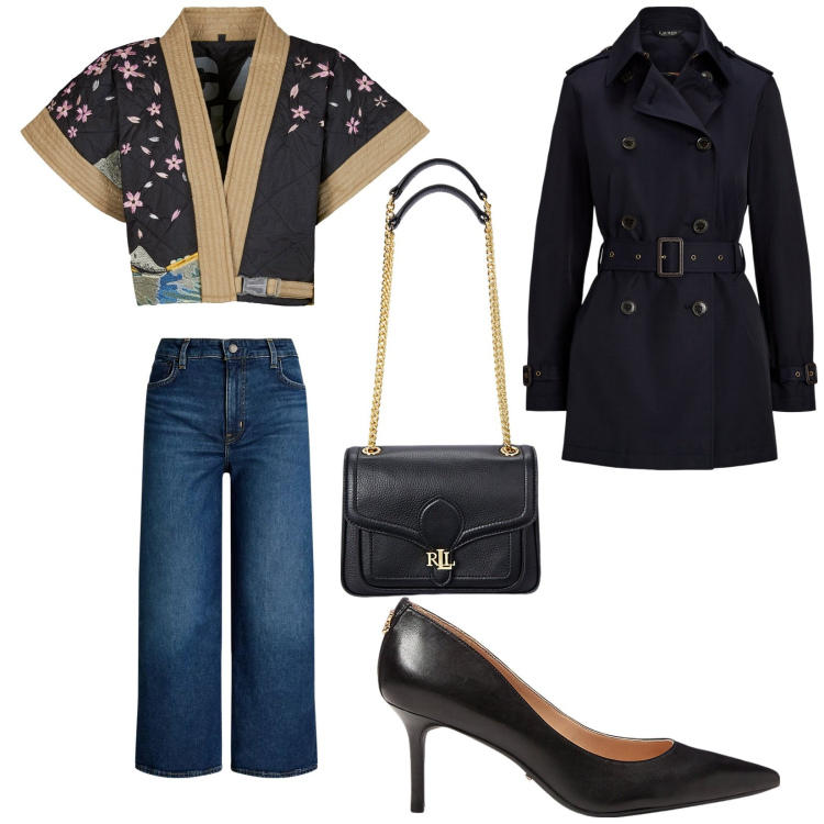 Outfit donna - Una serata tranquilla. Stile Casual chic per Serata fuori. Abbinamento con borse a spalla, trench, décolleté, jeans, kimono.