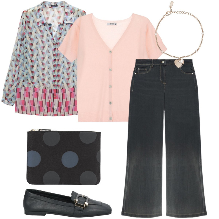Outfit donna - Casual romantica. Stile Romantica per Tutti i giorni. Abbinamento con pochette, mocassini, braccialetti con ciondoli, cardigans, camicie, jeans.