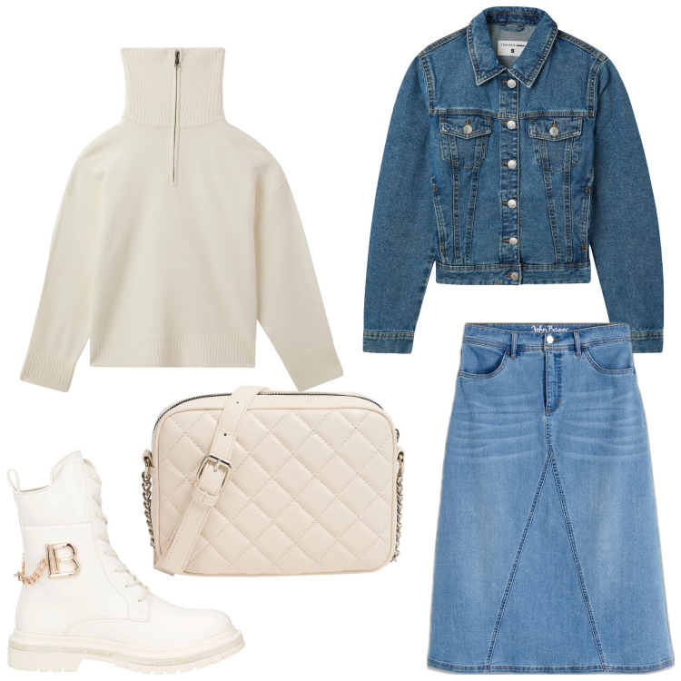 Outfit donna - Denim. Stile Casual chic per Tutti i giorni. Abbinamento con gonne, anfibi, borse a tracolla, maglieria, blazer.