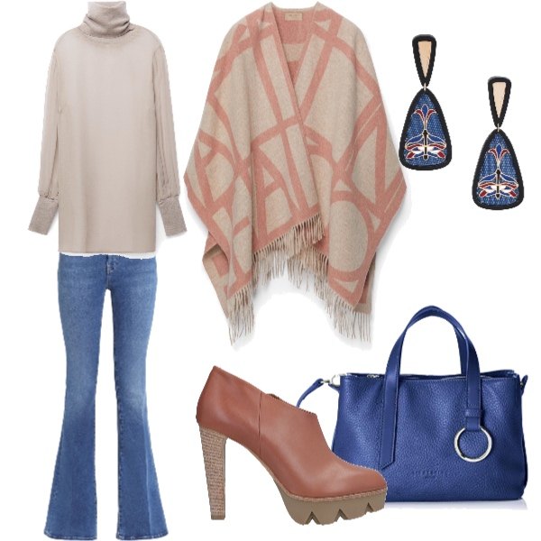 Outfit donna - Blue & Pink for Falconeri. Stile Urban per Tutti i giorni. Abbinamento con stivaletti, jeans wide leg con zip tinta unita, orecchini con farfallina in seta oro e argento, blusa made italy collo a dolcevita in seta con polsini, borsa a mano blu, poncio con frange.