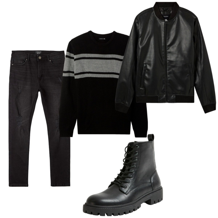 Outfit uomo - Total look #2066939. Stile Biker Rock per Tutti i giorni. Abbinamento con bomber, maglieria, jeans strappati, anfibi.