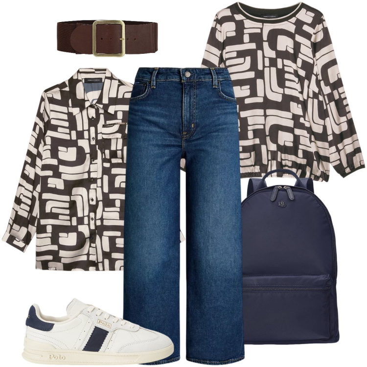 Outfit donna - Il completo a fantasia geometrica. Stile Casual per Tutti i giorni. Abbinamento con cinture, zaini, sneakers, jeans, camicie, t-shirt.
