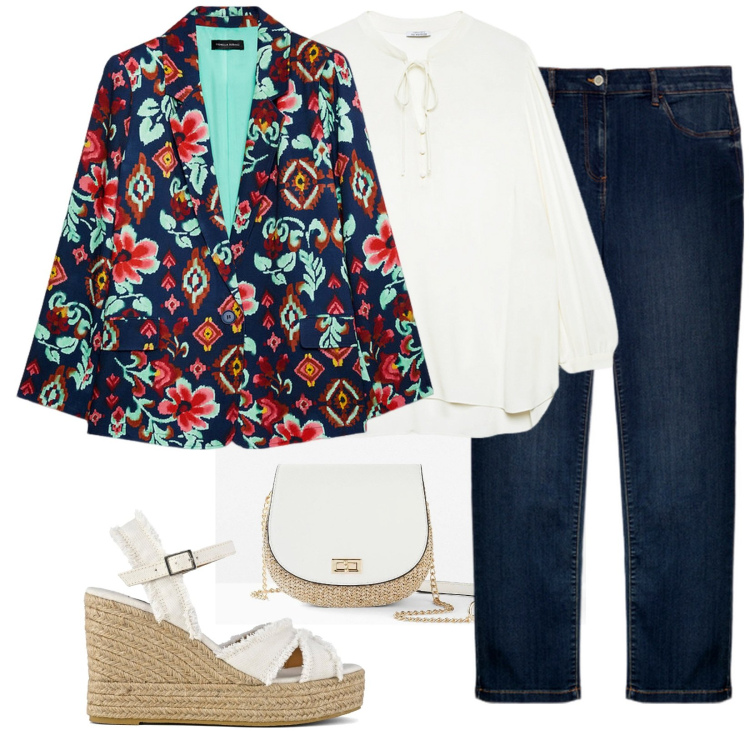 Outfit donna - Total look #2066944. per Tutti i giorni. Abbinamento con borse a tracolla, blazer, bluse, jeans dritti, sandali col tacco.