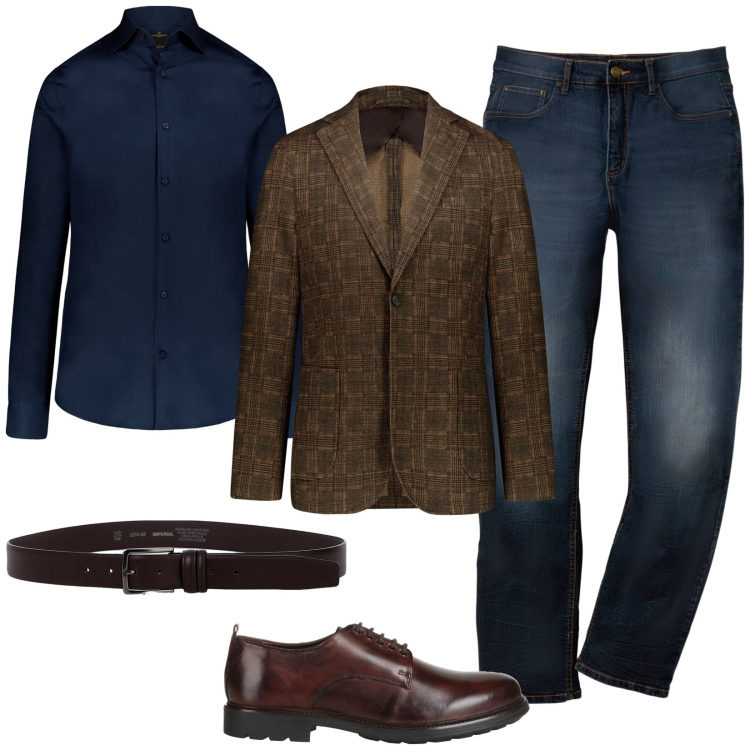 Outfit uomo - Total look #2066945. Stile Casual per Ufficio. Abbinamento con jeans dritti, scarpe stringate, cinture, camicie, giacche.