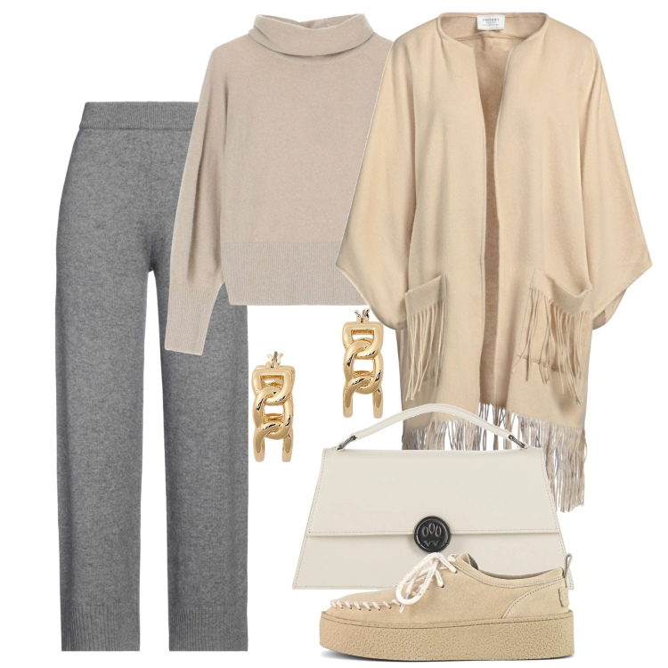 Outfit donna - Zona comfort. Stile Minimal per Tutti i giorni. Abbinamento con cardigans, pantaloni, borse a mano, maglieria, orecchini, mocassini.