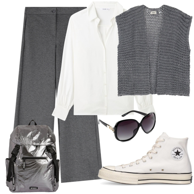 Outfit donna - Total look #2066963. per Tutti i giorni. Abbinamento con occhiali da sole, camicie, pantaloni, zaini, gilet, sneakers.