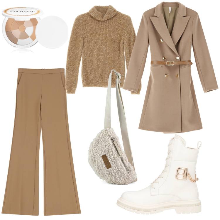 Outfit donna - Total look #2066970. Stile Trendy per Ufficio. Abbinamento con anfibi, ciprie, maglieria, cappotti, pantaloni, marsupi.
