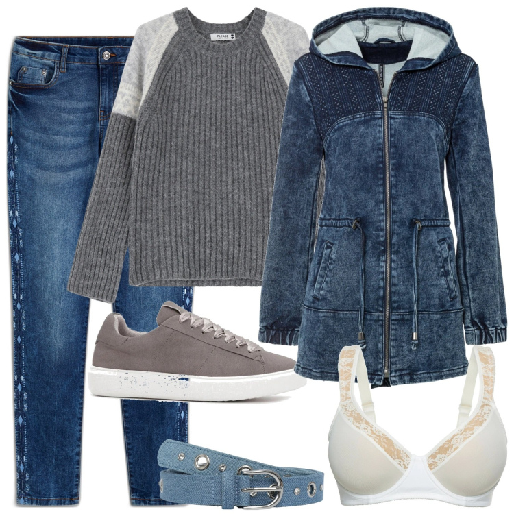 Outfit donna - Jeans raffinati con ricami. Stile Basic per Tutti i giorni. Abbinamento con parka, reggiseni, jeans skinny, sneakers, cinture, pullovers.