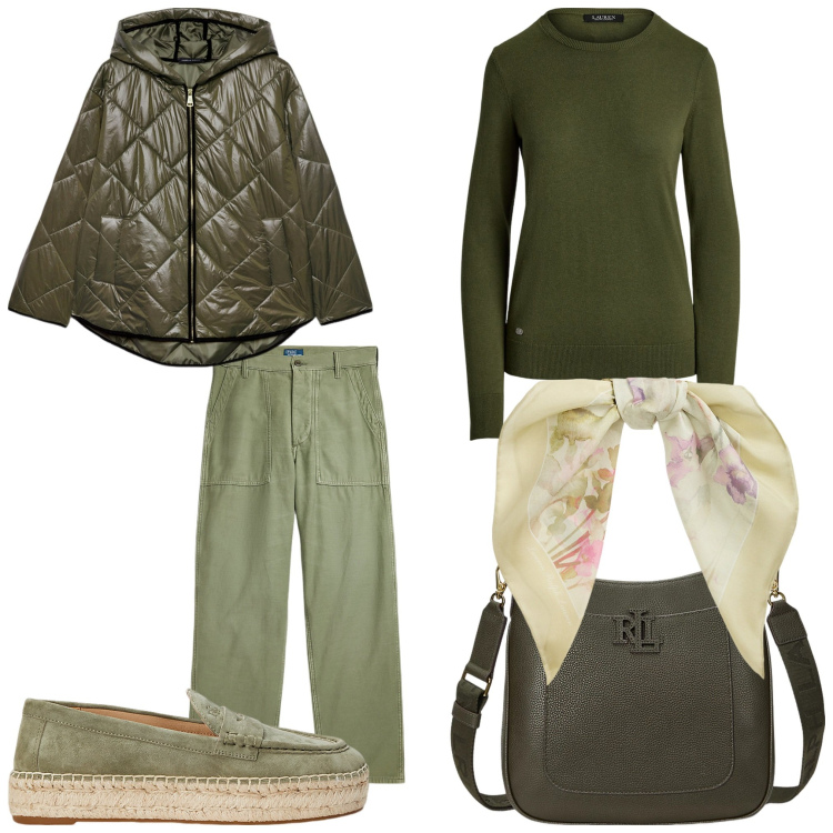 Outfit donna - Verde alternativo. Stile Casual chic per Tutti i giorni. Abbinamento con pantaloni, borse a tracolla, foulard, maglieria, espadrillas, piumini.
