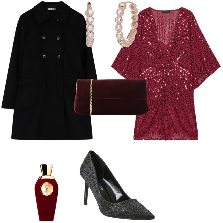 Outfit donna - Evento serata speciale. Stile Glamour per Serata fuori. Abbinamento con profumi, décolleté, pochette, orecchini, cappotti, vestiti.