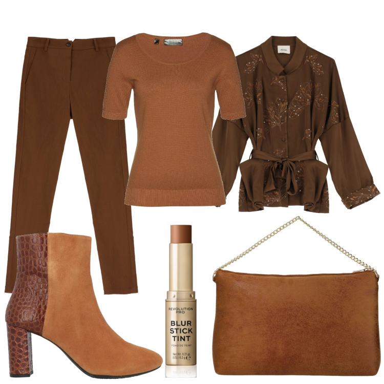 Outfit donna - Total look #2066986. Stile Casual chic per Ufficio. Abbinamento con maglieria, stivaletti, fondotinta, pantaloni skinny, blazer, pochette.