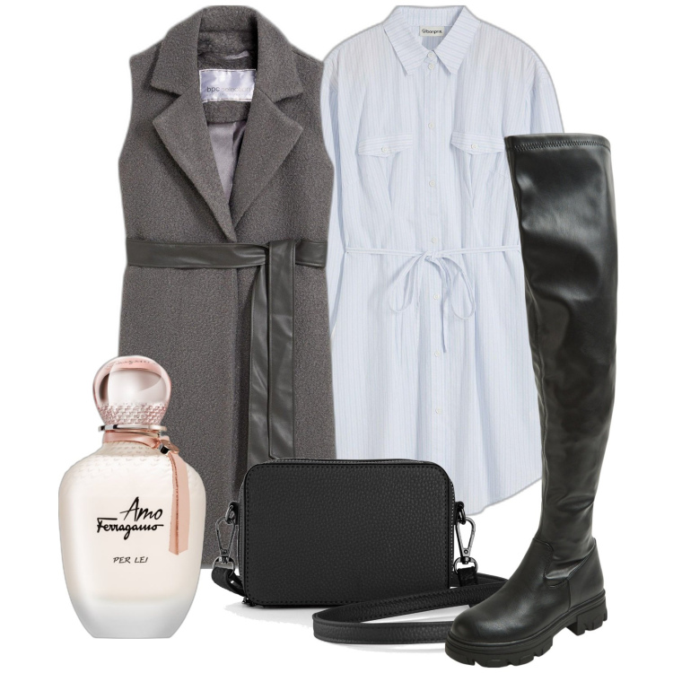 Outfit donna - Total look #2066994. per Ufficio. Abbinamento con borse a tracolla, gilet, vestiti chemisier, profumi, stivali.